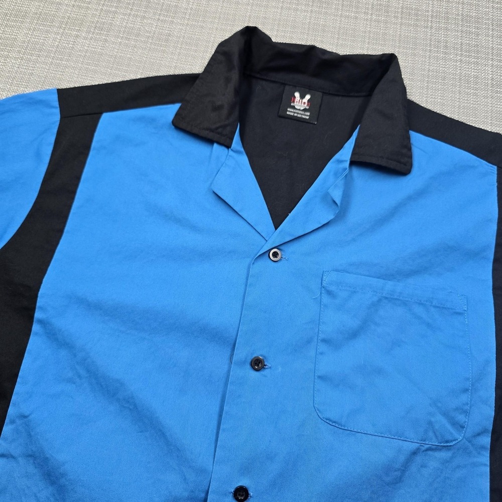 Hilton Bowling Retro Shirt Mens Medium Blue Colorblock Short Sleeve Button Up